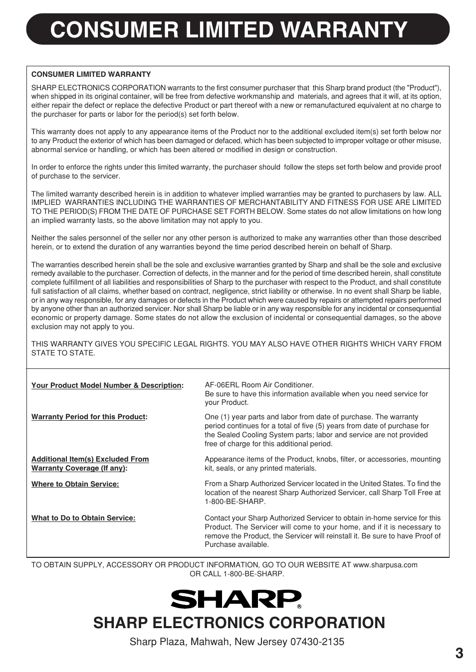 Consumer limited warranty, Sharp electronics corporation | Sharp AF-06ERL User Manual | Page 3 / 20