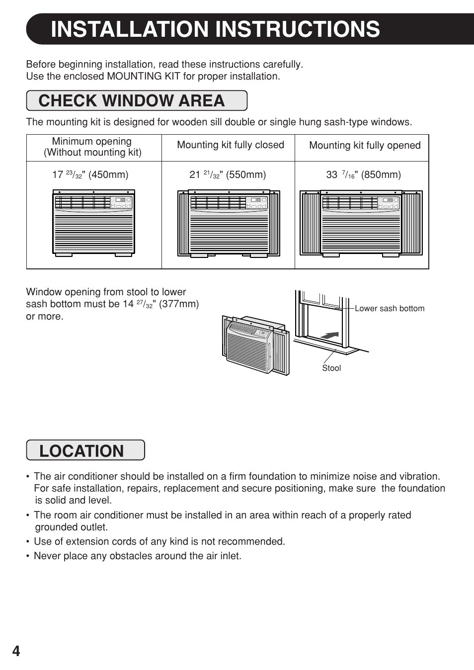 Installation instructions, Check window area, Location | Sharp AF-06ERL User Manual | Page 4 / 20