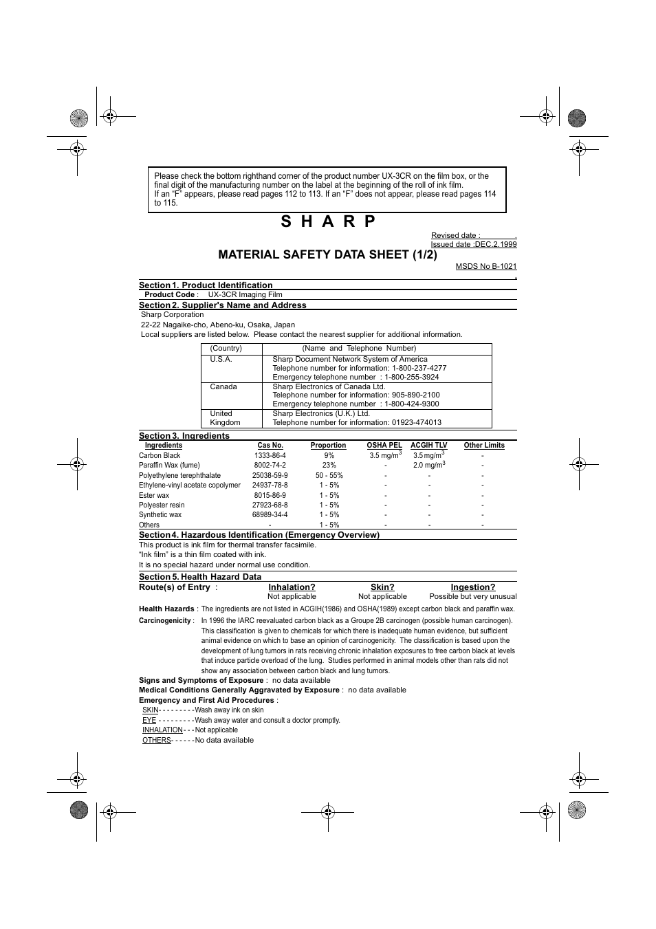 Material safety data sheet (1/2) | Sharp UX-340LM User Manual | Page 114 / 124