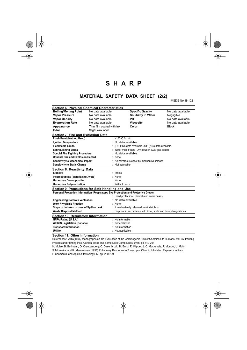 Material safety data sheet (2/2) | Sharp UX-340LM User Manual | Page 115 / 124