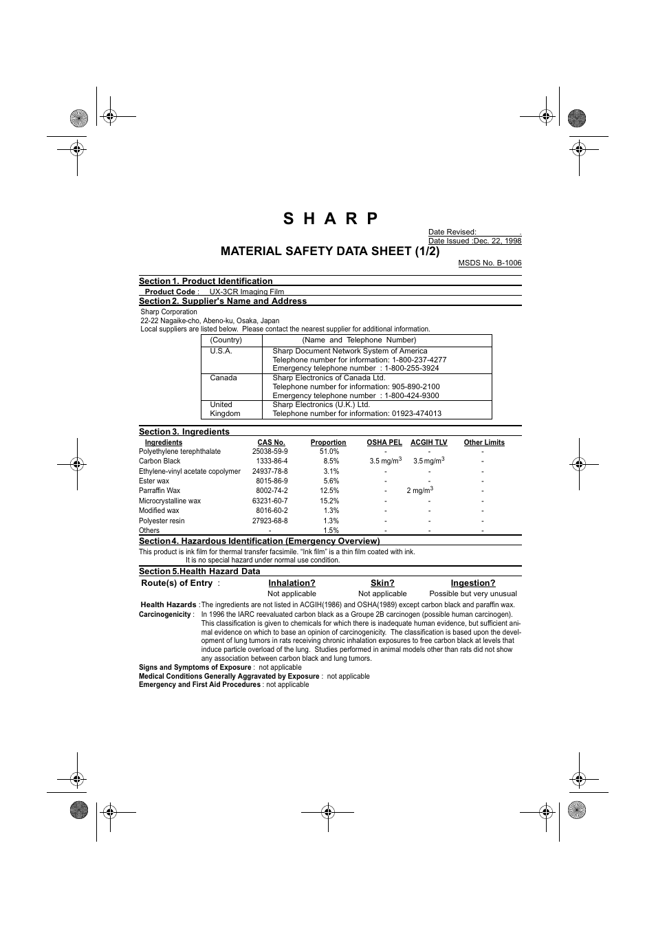 Material safety data sheet (1/2) | Sharp UX-340LM User Manual | Page 116 / 124