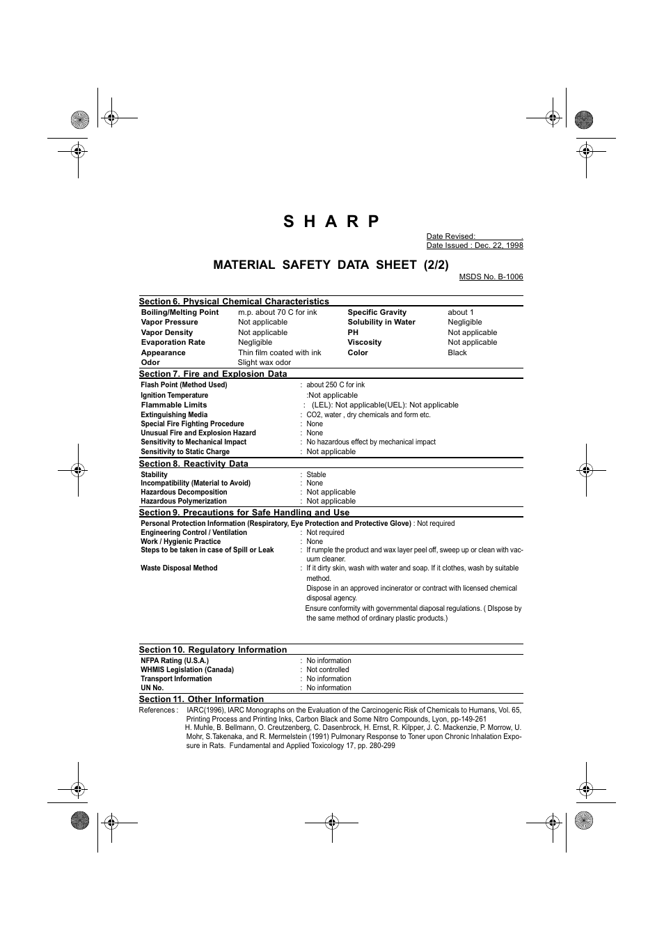 Material safety data sheet (2/2) | Sharp UX-340LM User Manual | Page 117 / 124