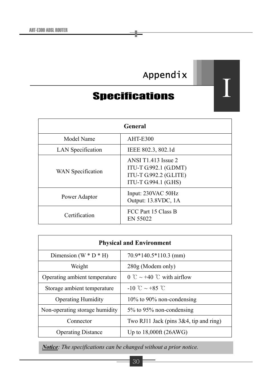 Specifications appendix | Sharp AHT-E300 User Manual | Page 34 / 44