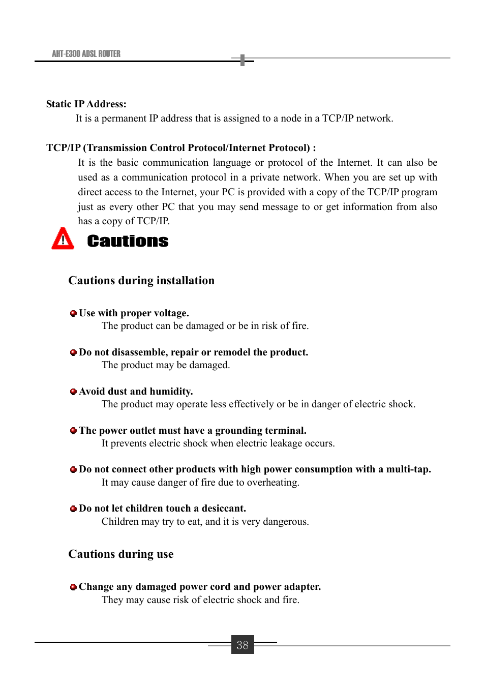 Cautions, Cautions during installation, Cautions during use | Sharp AHT-E300 User Manual | Page 42 / 44