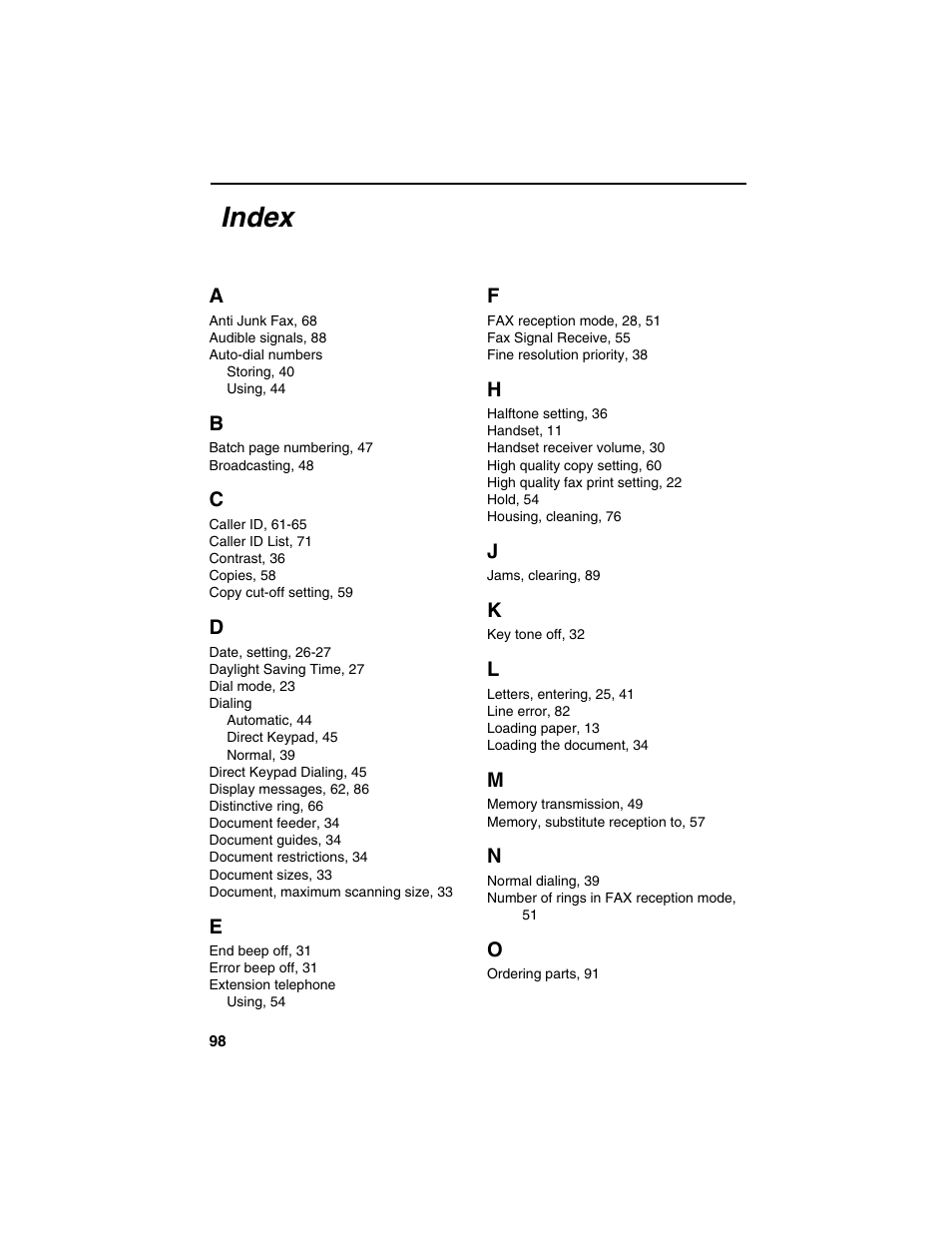 Index | Sharp UX-B20 User Manual | Page 100 / 104