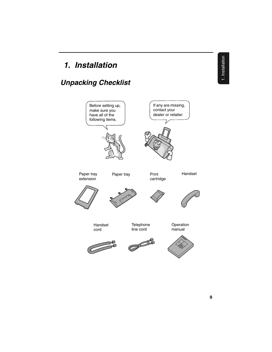 Installation, Unpacking checklist | Sharp UX-B20 User Manual | Page 11 / 104