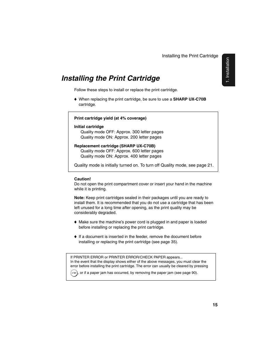 Installing the print cartridge | Sharp UX-B20 User Manual | Page 17 / 104