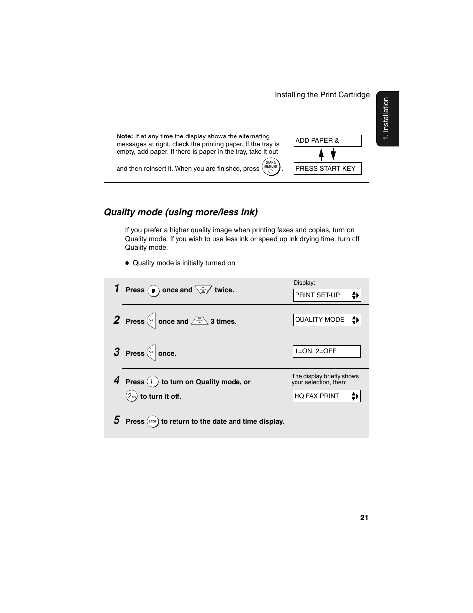 Quality mode (using more/less ink) | Sharp UX-B20 User Manual | Page 23 / 104