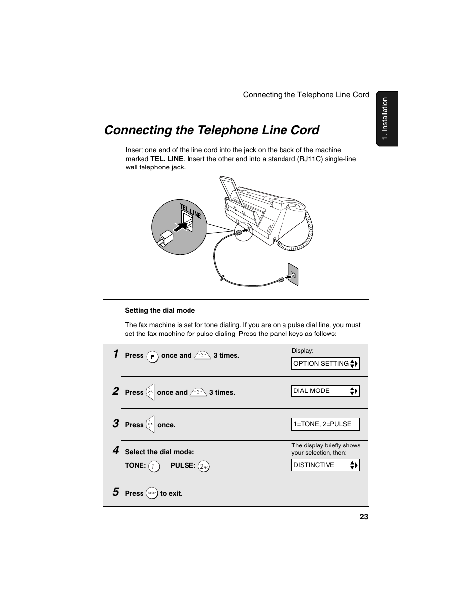 Connecting the telephone line cord | Sharp UX-B20 User Manual | Page 25 / 104