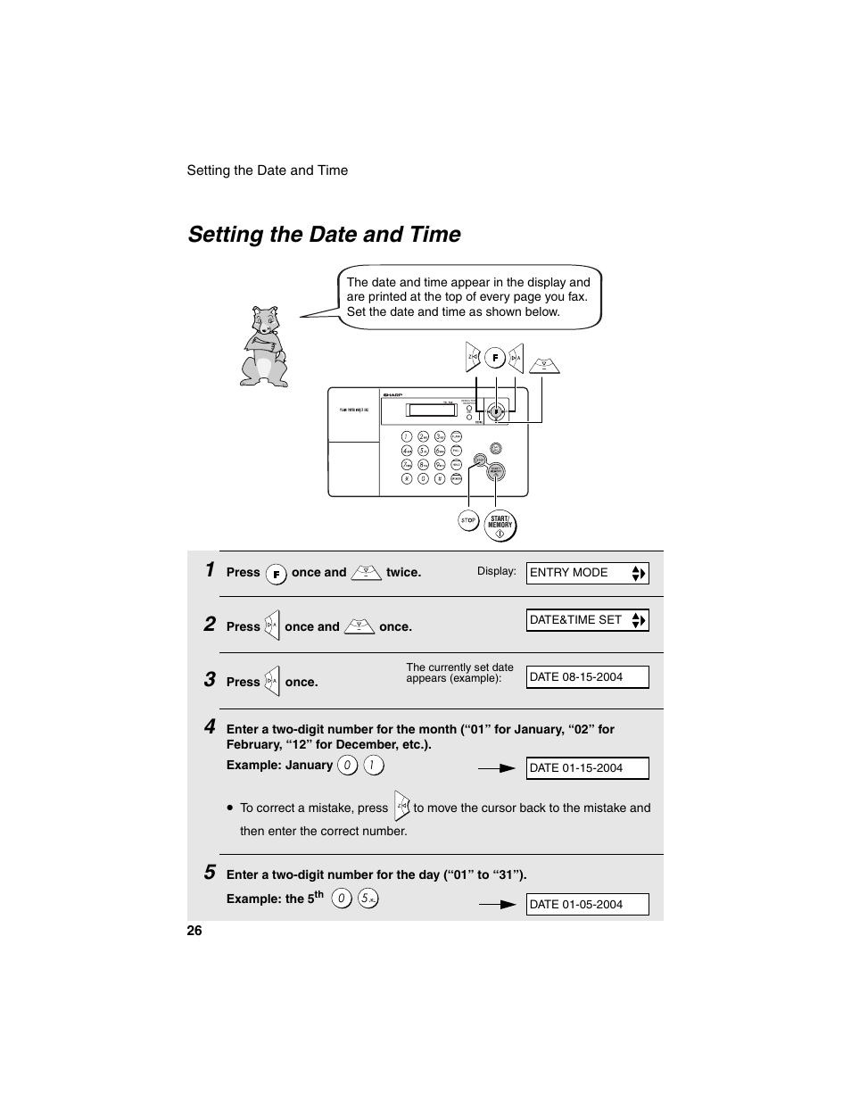 Setting the date and time | Sharp UX-B20 User Manual | Page 28 / 104