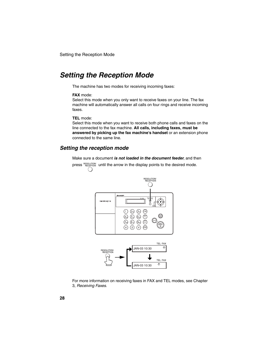 Setting the reception mode, Setting the reception mode 28 | Sharp UX-B20 User Manual | Page 30 / 104