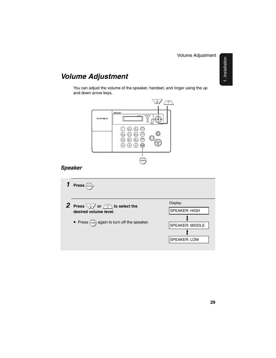 Volume adjustment, Speaker | Sharp UX-B20 User Manual | Page 31 / 104