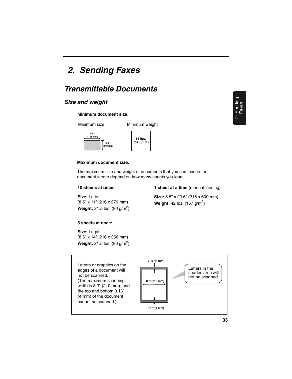 Sending faxes, Transmittable documents, Size and weight | Sharp UX-B20 User Manual | Page 35 / 104