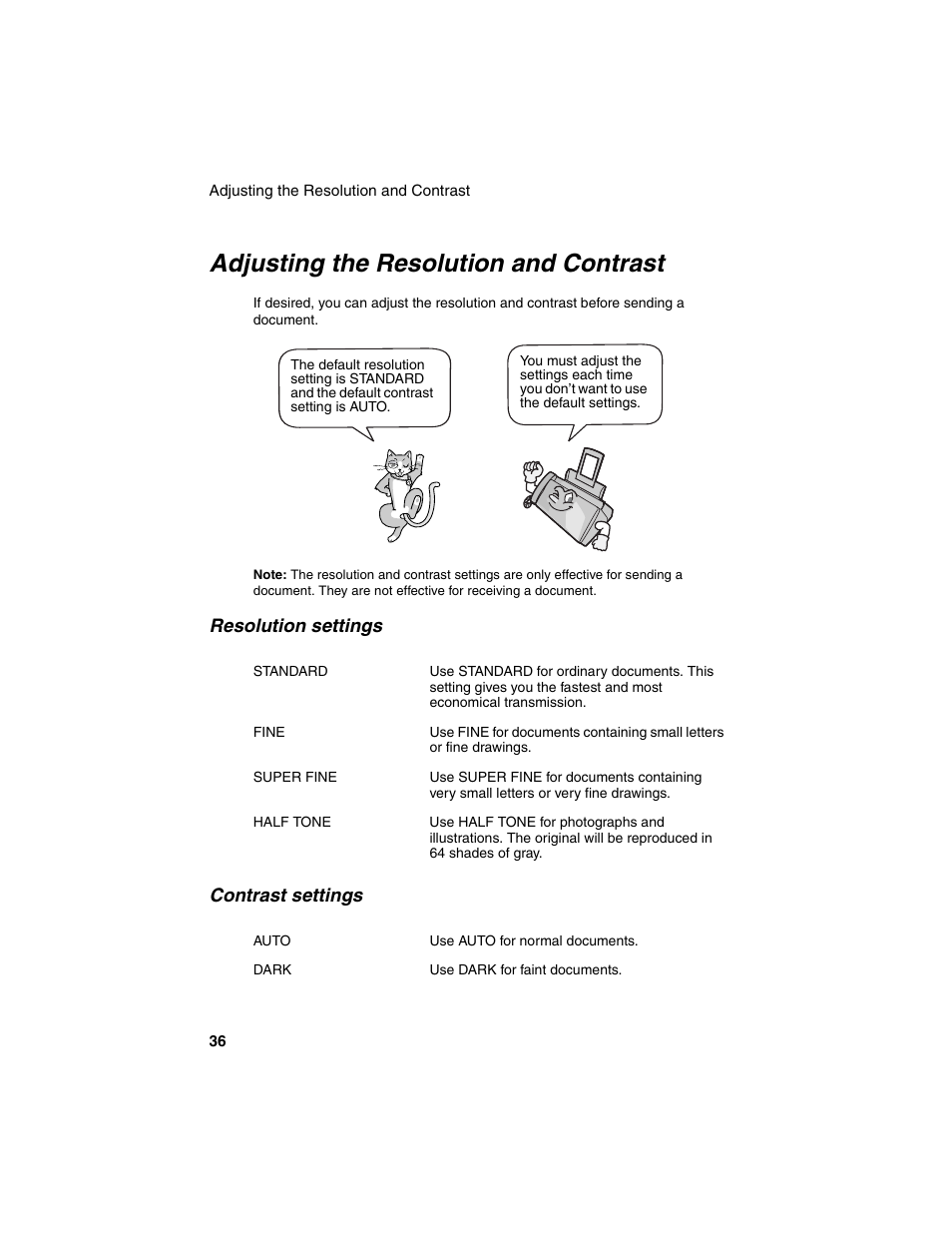 Adjusting the resolution and contrast, Resolution settings contrast settings | Sharp UX-B20 User Manual | Page 38 / 104