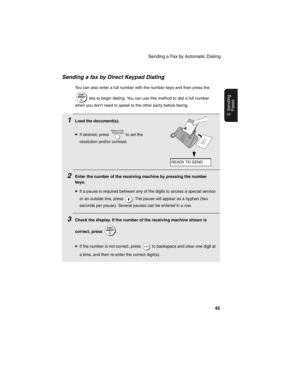 Sending a fax by direct keypad dialing | Sharp UX-B20 User Manual | Page 47 / 104