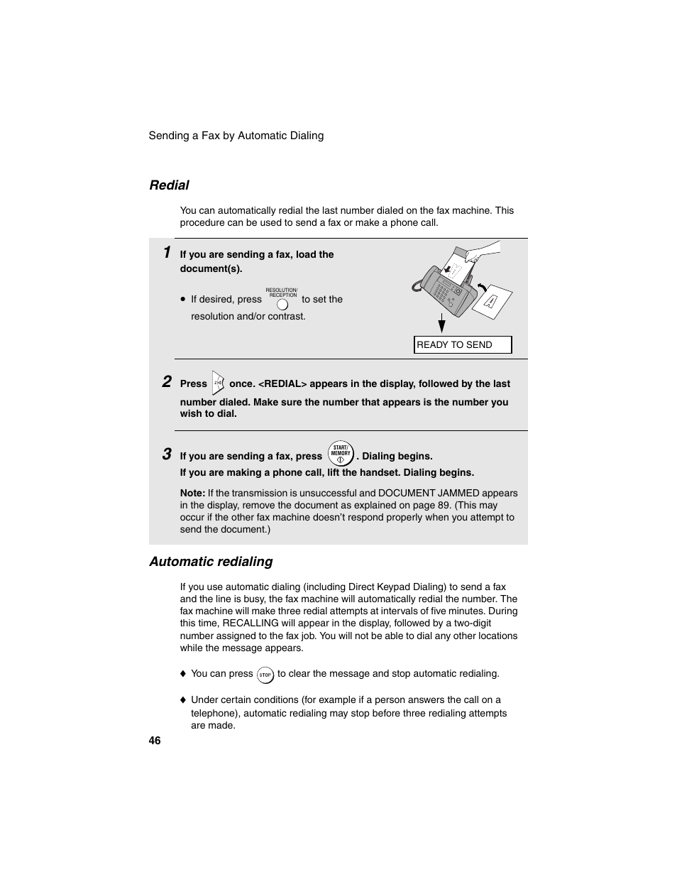 Redial, Automatic redialing | Sharp UX-B20 User Manual | Page 48 / 104