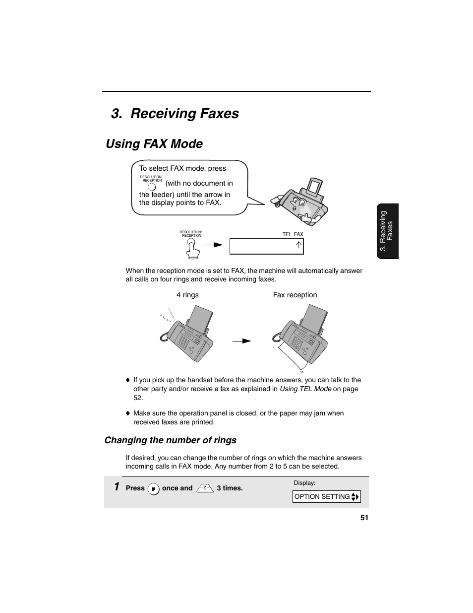 Receiving faxes, Using fax mode, Changing the number of rings | Sharp UX-B20 User Manual | Page 53 / 104