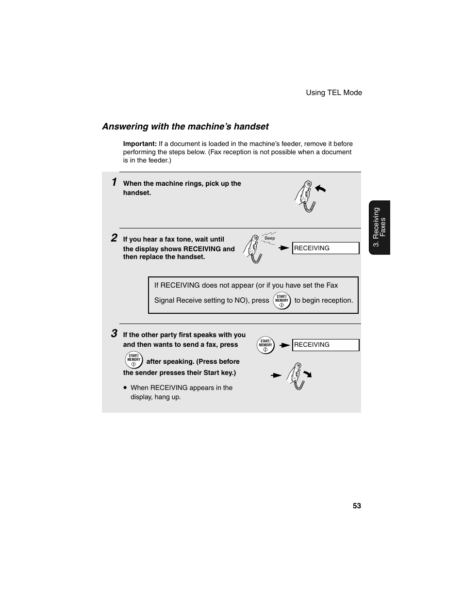 Answering with the machine’s handset | Sharp UX-B20 User Manual | Page 55 / 104