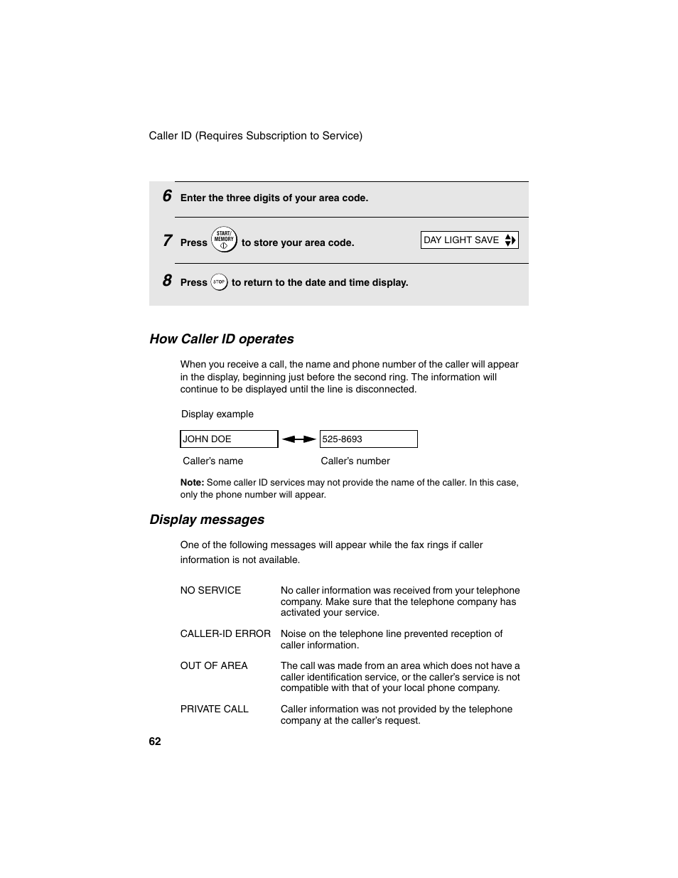 How caller id operates, Display messages | Sharp UX-B20 User Manual | Page 64 / 104