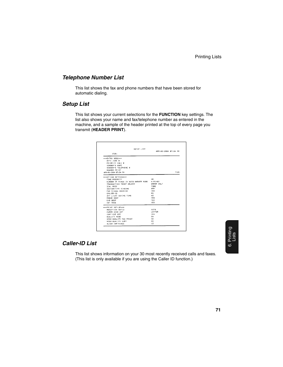 Telephone number list, Setup list, Caller-id list | Sharp UX-B20 User Manual | Page 73 / 104