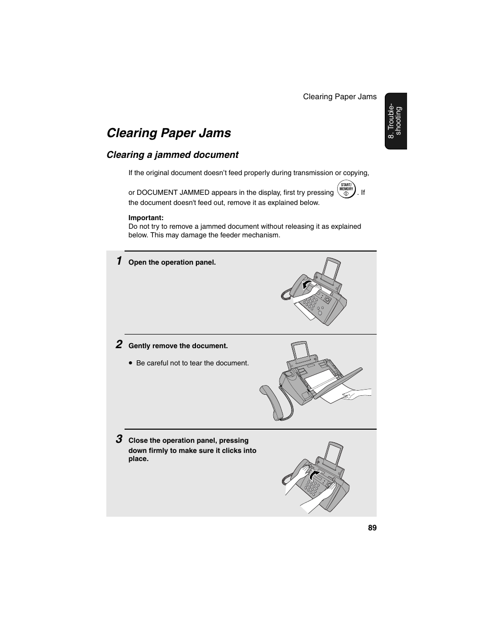 Clearing paper jams, Clearing a jammed document | Sharp UX-B20 User Manual | Page 91 / 104