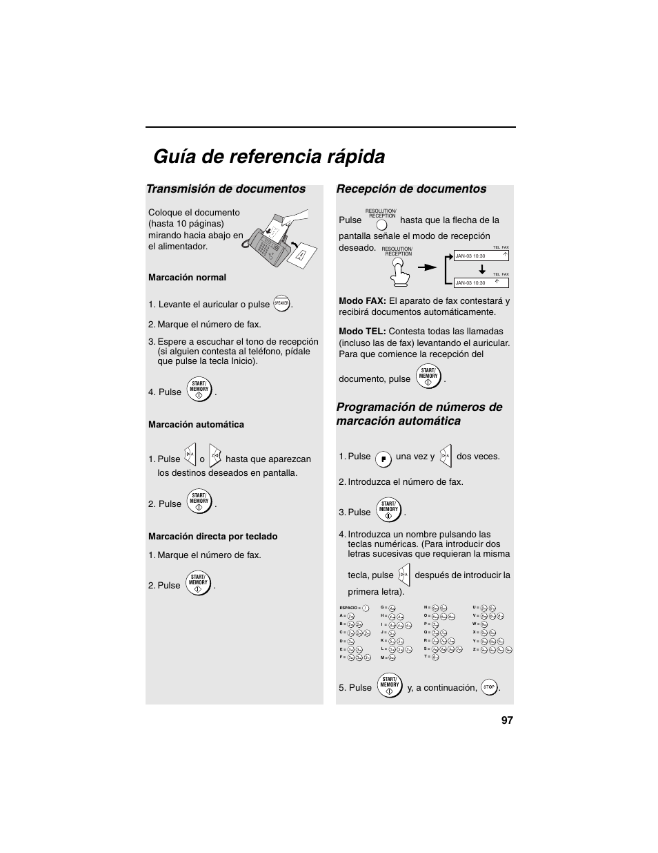 Guía de referencia rápida, Transmisión de documentos, Recepción de documentos | Programación de números de marcación automática | Sharp UX-B20 User Manual | Page 99 / 104