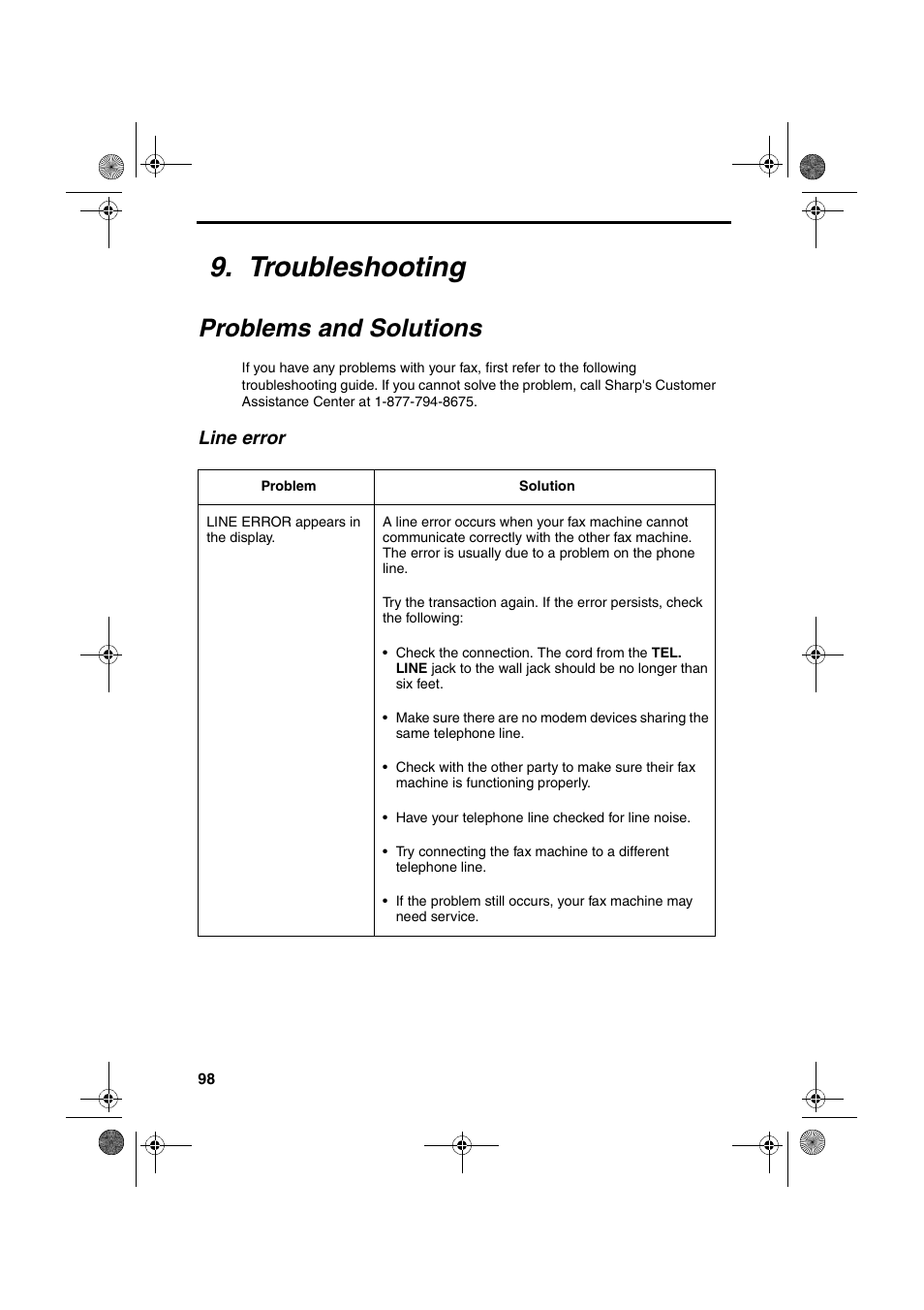 Troubleshooting, Problems and solutions, Line error | Sharp UX-B700 User Manual | Page 100 / 122