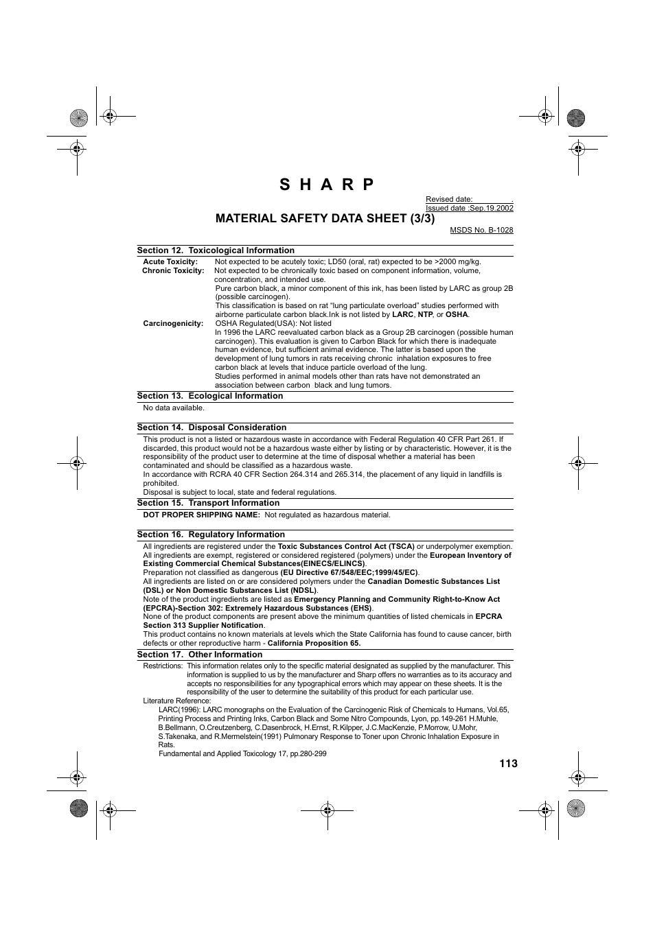 Material safety data sheet (3/3) | Sharp UX-B700 User Manual | Page 115 / 122