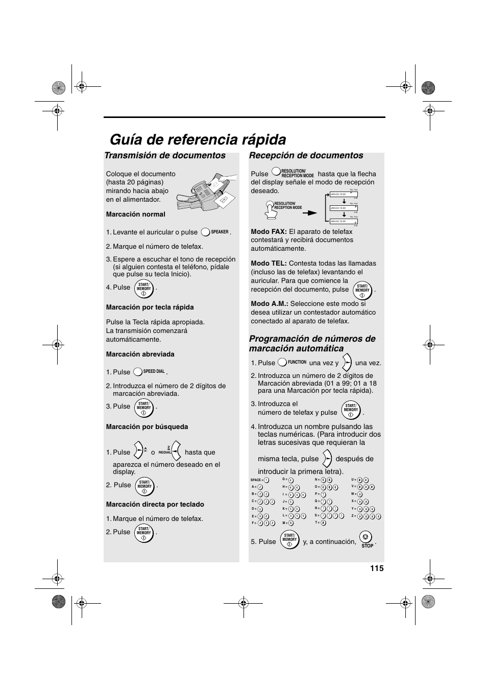 Guía de referencia rápida, Transmisión de documentos, Recepción de documentos | Programación de números de marcación automática | Sharp UX-B700 User Manual | Page 117 / 122