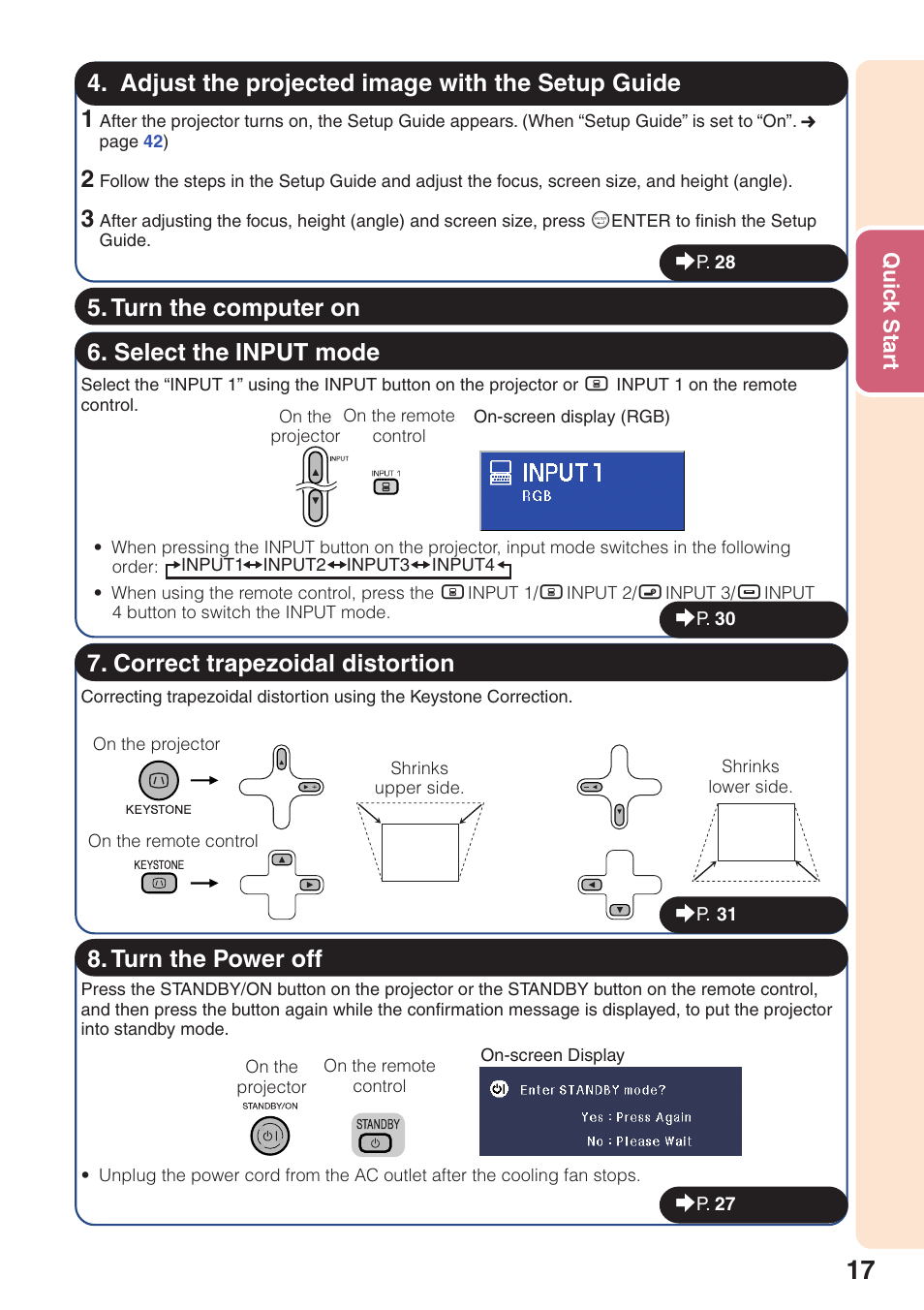 Adjust the projected image with the setup guide, Select the input mode, Correct trapezoidal distortion | Turn the computer on 8. turn the power off | Sharp XG-MB65X User Manual | Page 21 / 69