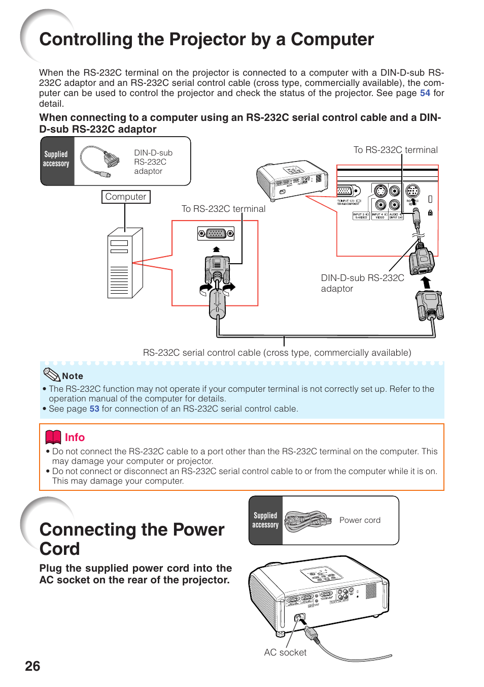Controlling the projector by a computer, Connecting the power cord, Controlling the projector by | A computer | Sharp XG-MB65X User Manual | Page 30 / 69