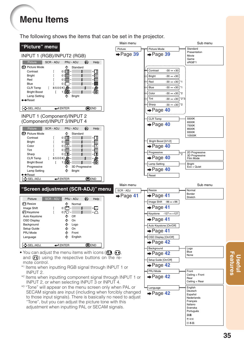 Menu items, Useful features, Screen adjustment (scr-adj)” menu | Picture” menu, Page 39, Page 41 | Sharp XG-MB65X User Manual | Page 39 / 69