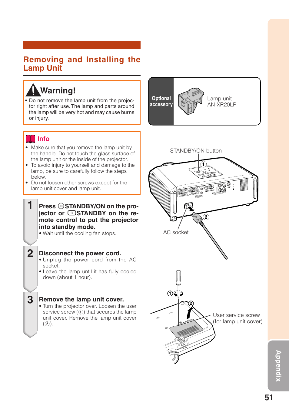 Removing and installing the lamp unit, Removing and installing, The lamp unit | Warning | Sharp XG-MB65X User Manual | Page 55 / 69