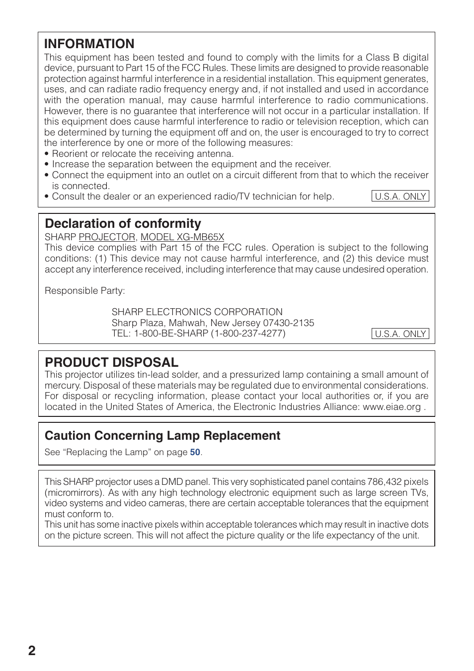 Product disposal, Information, Declaration of conformity | Sharp XG-MB65X User Manual | Page 6 / 69