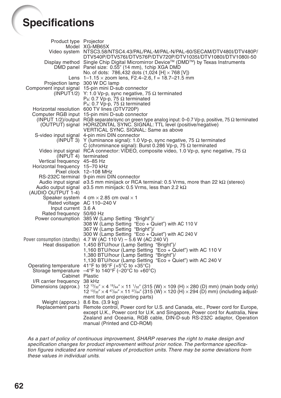 Specifications | Sharp XG-MB65X User Manual | Page 66 / 69