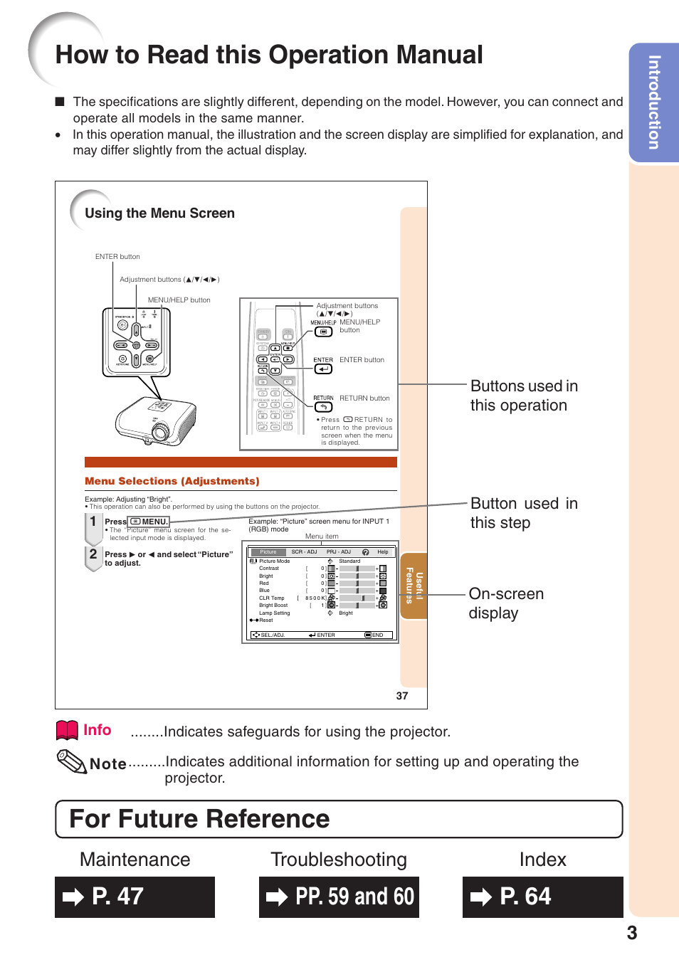 How to read this operation manual, For future reference, Index maintenance troubleshooting | Intr oduction, Info, Indicates safeguards for using the projector, Using the menu screen | Sharp XG-MB65X User Manual | Page 7 / 69