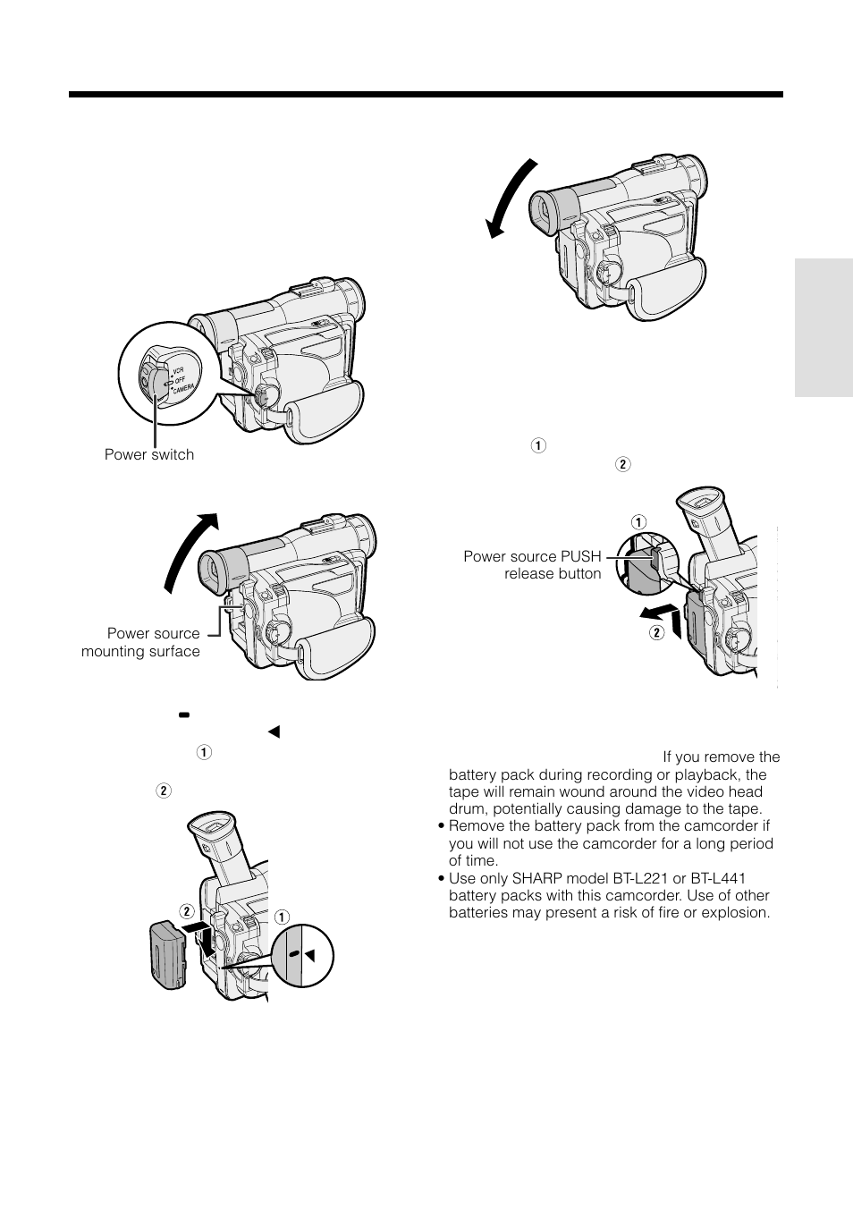 Attaching and removing the battery pack | Sharp VL-WD250U User Manual | Page 21 / 92