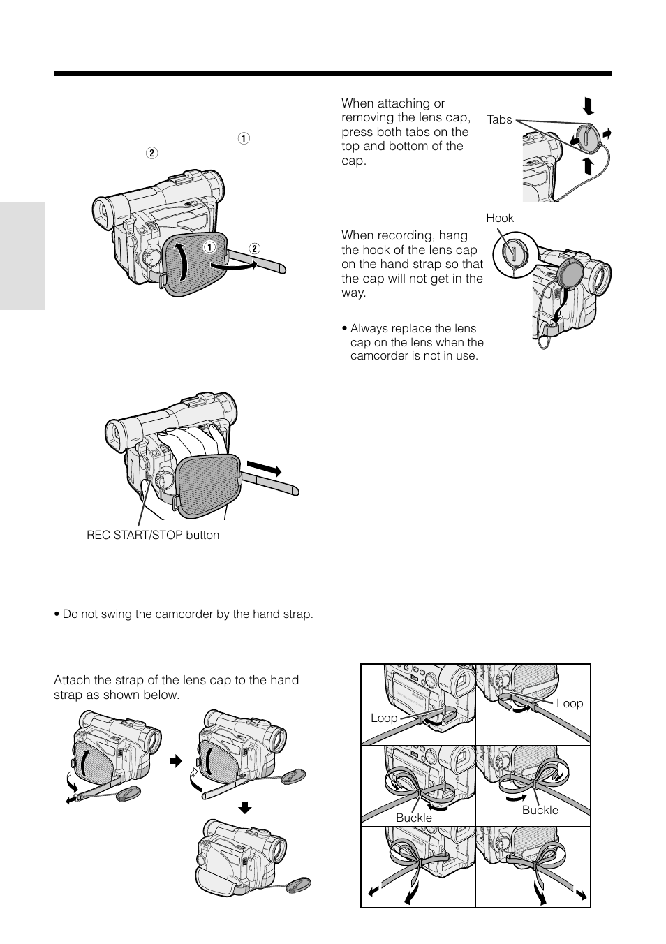 Adjusting the hand strap 1, Attaching the shoulder strap 1, Using the lens cap | Sharp VL-WD250U User Manual | Page 28 / 92