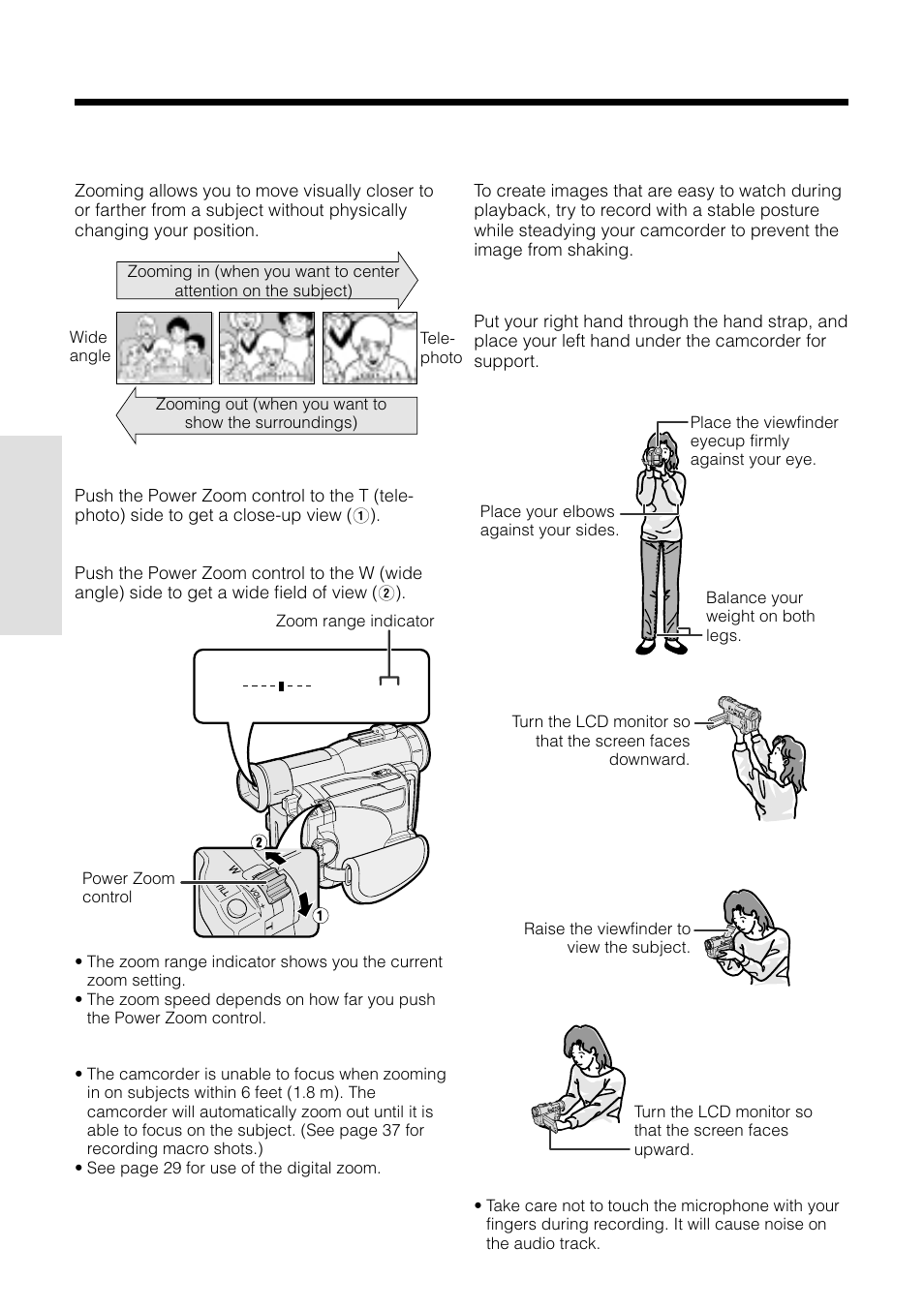 Zooming, Tips on recording positions, Basic operations camera recording | Sharp VL-WD250U User Manual | Page 32 / 92