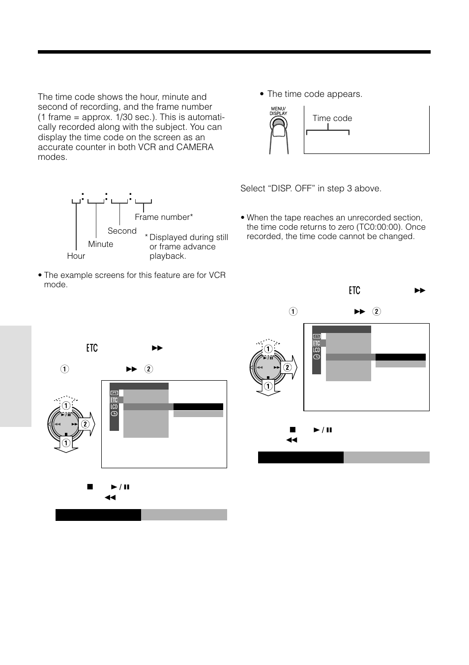 Using the time code, D i sp. on t i me code, On t c ou t | Sharp VL-WD250U User Manual | Page 54 / 92