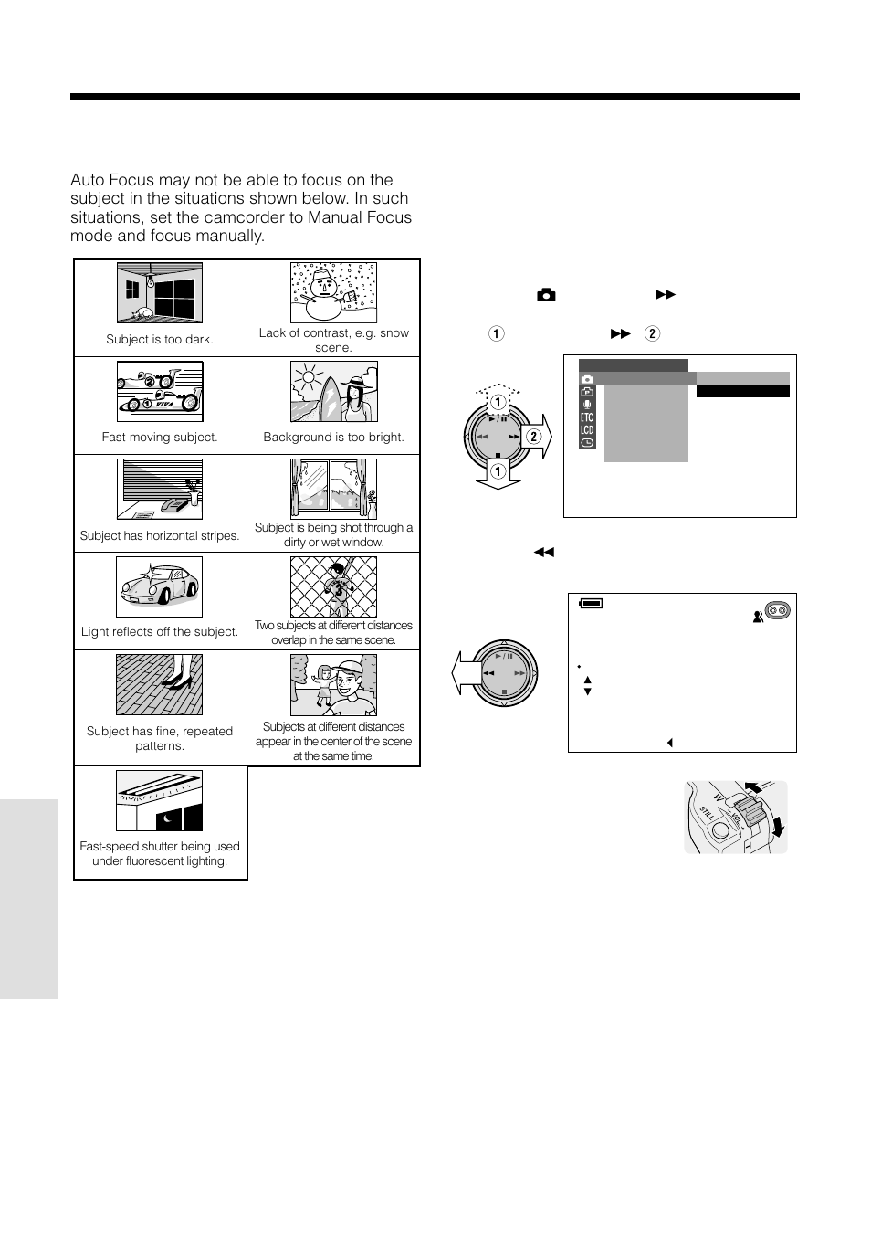 Manual focus, Advanced features camera recording | Sharp VL-WD250U User Manual | Page 56 / 92