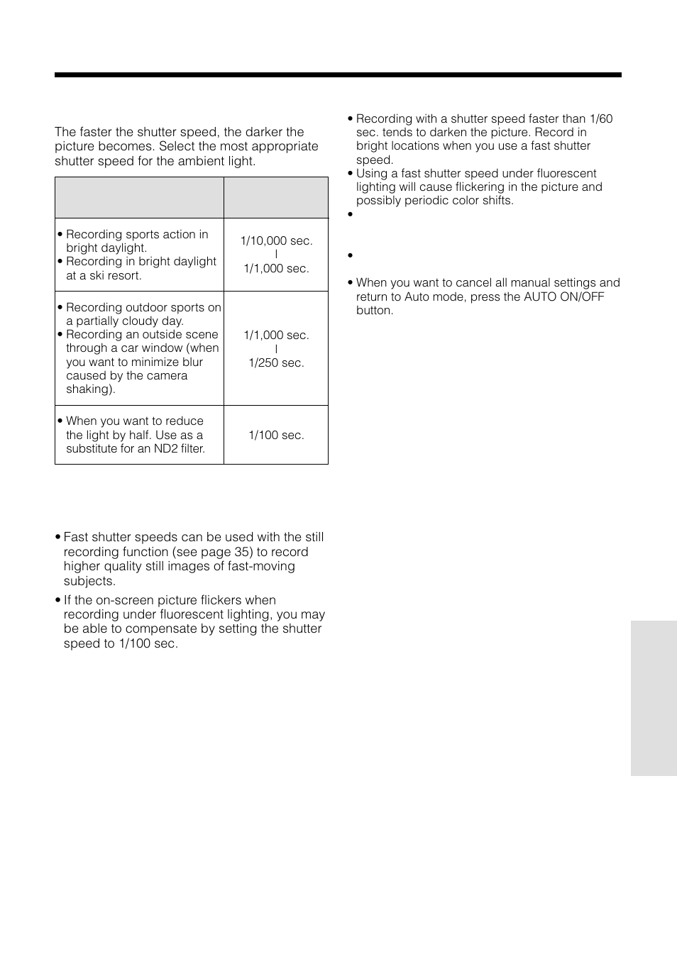 Recommended shutter speeds, Tips on using the manual shutter speed | Sharp VL-WD250U User Manual | Page 59 / 92