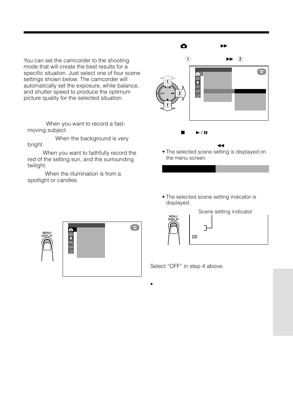 Scene menu (program ae), Sport sc e ne menu, Type of scene settings | Sharp VL-WD250U User Manual | Page 61 / 92