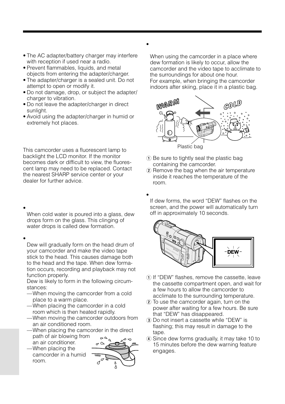 Appendix, Ac adapter/battery charger, Replacing the fluorescent lamp | Dew formation | Sharp VL-WD250U User Manual | Page 80 / 92