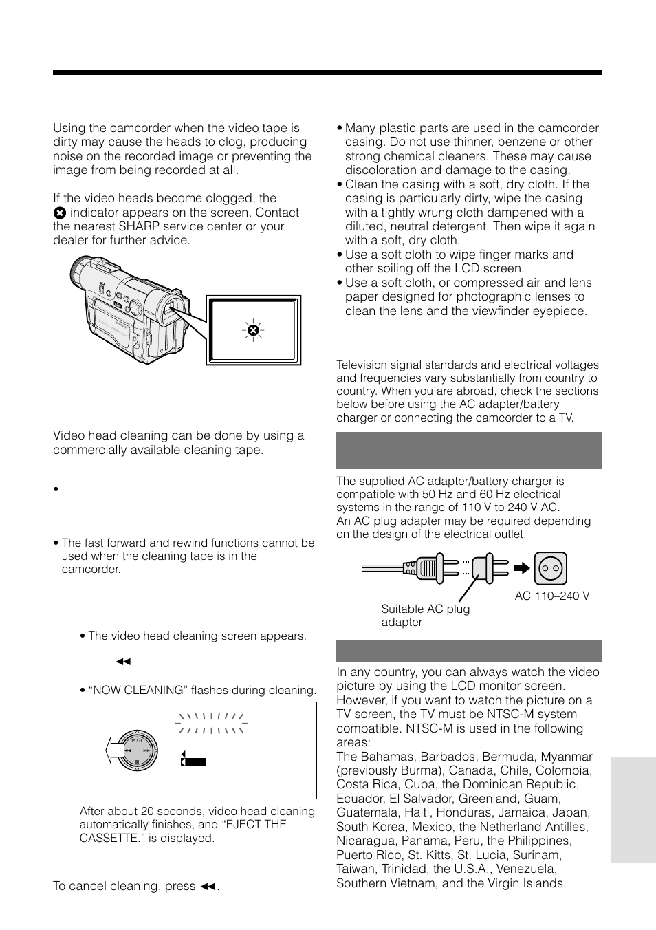 Dirty video heads, Using a cleaning tape (commer- cially available), Cleaning | Using your camcorder abroad | Sharp VL-WD250U User Manual | Page 81 / 92