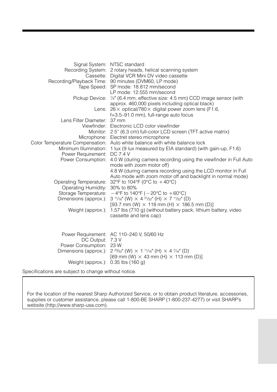 Specifications, Service information (for the u.s.) | Sharp VL-WD250U User Manual | Page 85 / 92