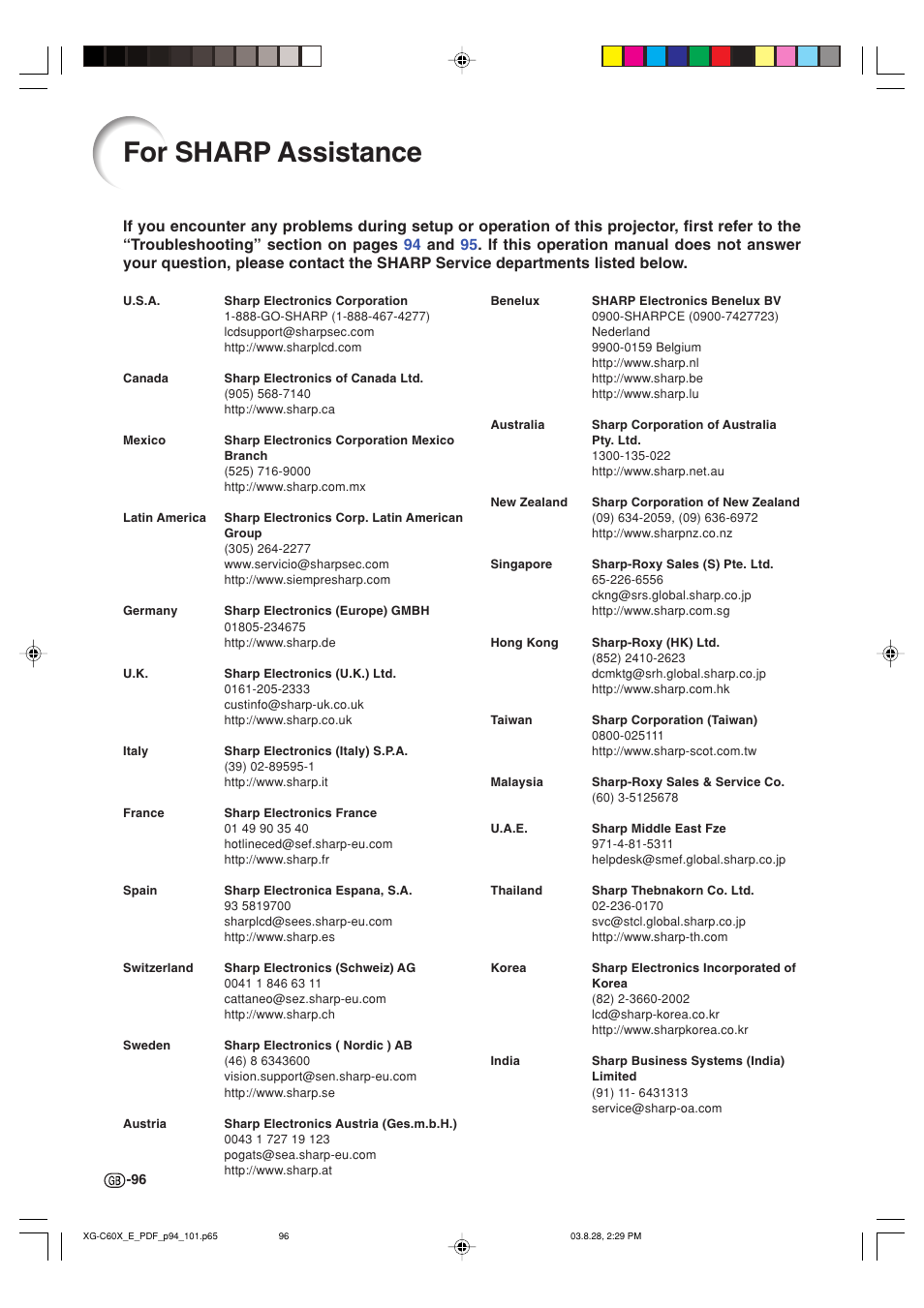 For sharp assistance | Sharp XG-C60X User Manual | Page 100 / 106