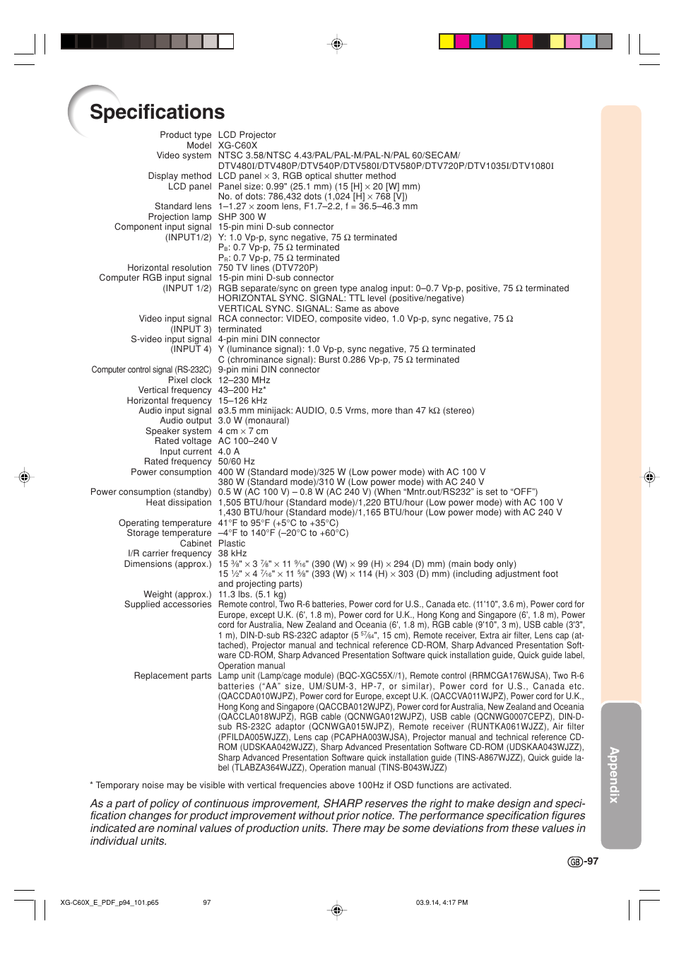 Specifications, Appendix | Sharp XG-C60X User Manual | Page 101 / 106