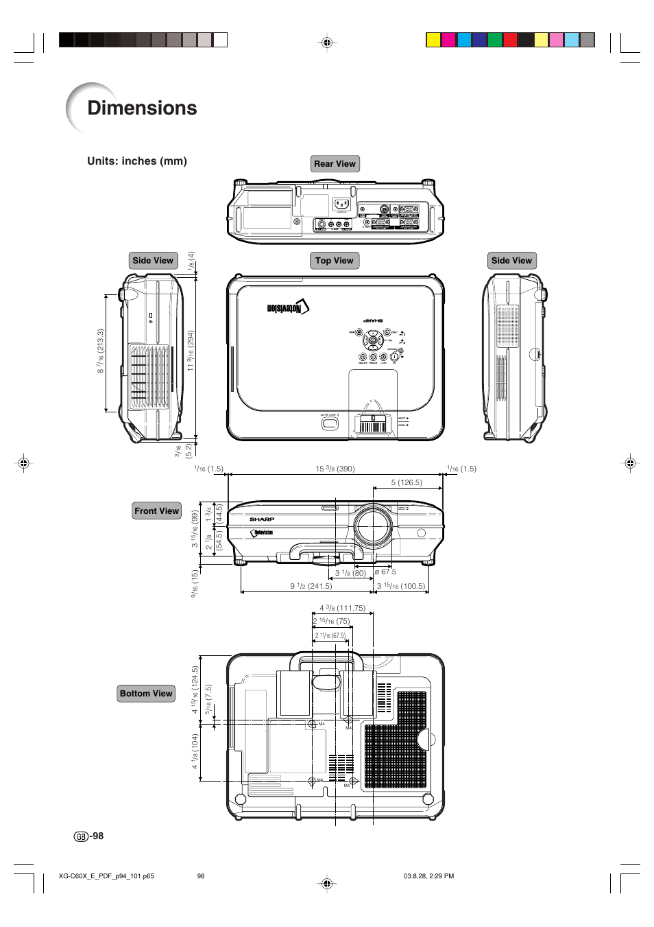 Dimensions, Units: inches (mm) | Sharp XG-C60X User Manual | Page 102 / 106