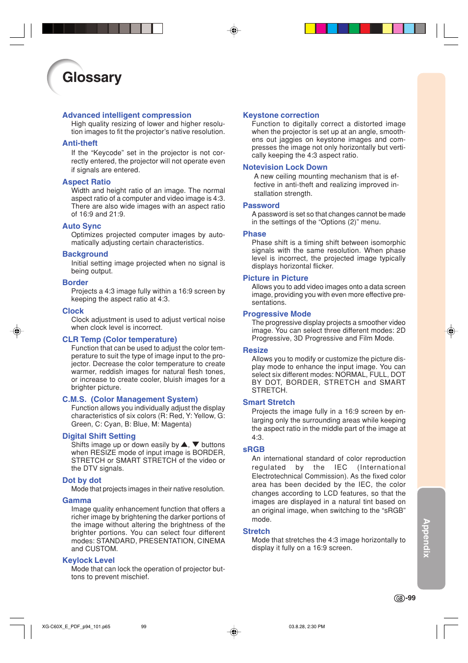 Glossary | Sharp XG-C60X User Manual | Page 103 / 106